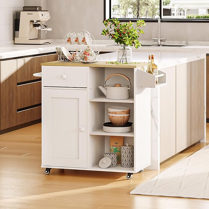HOOBRO Kitchen Island, Storage Cabinet with Drawer, Kitchen Cart with Spice and Towel Rack, Saving Space, Easy Assembly, for Living Room, White and Natural WN12ZD01