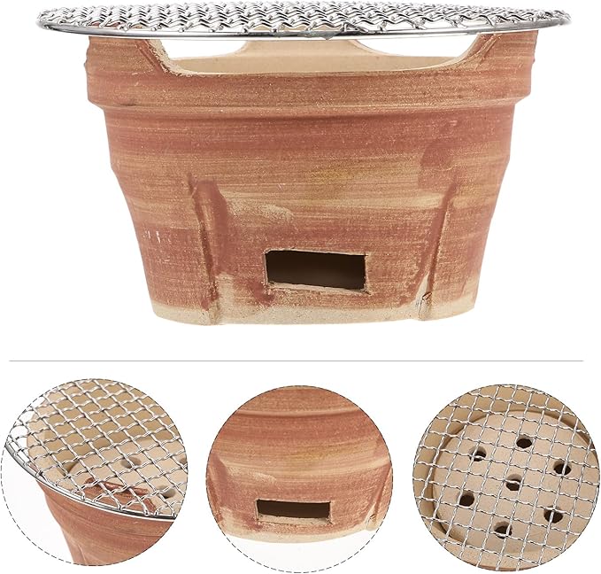 Mini Retro Pottery Charcoal Barbecue Stove with Grill Net Portable Household Bbq Grill for Outdoor Cooking Korean-style Set Color