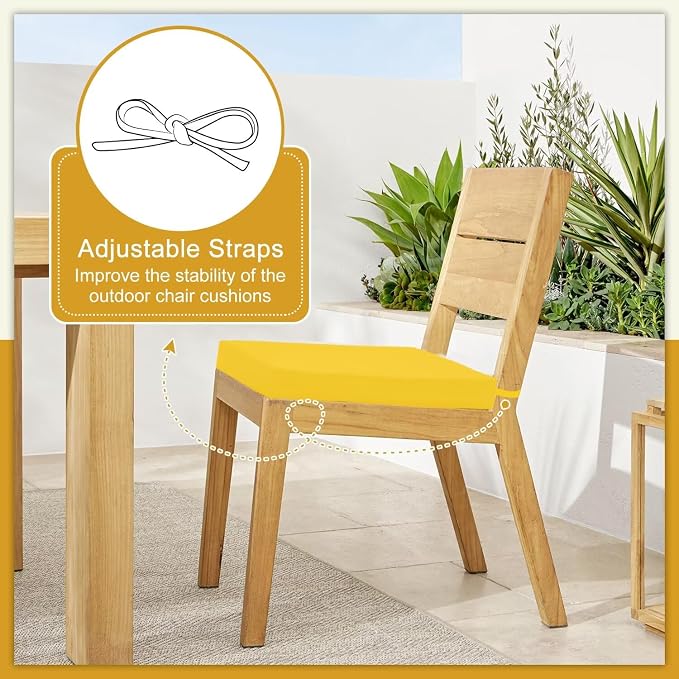 Cozyide Outdoor Chair Cushions, Waterproof Patio Seat Cushions with Adjustable Straps, Square Corner Patio Chair Cushions for Garden, Yellow, 18.5x16x3 Inch (Pack of 4)
