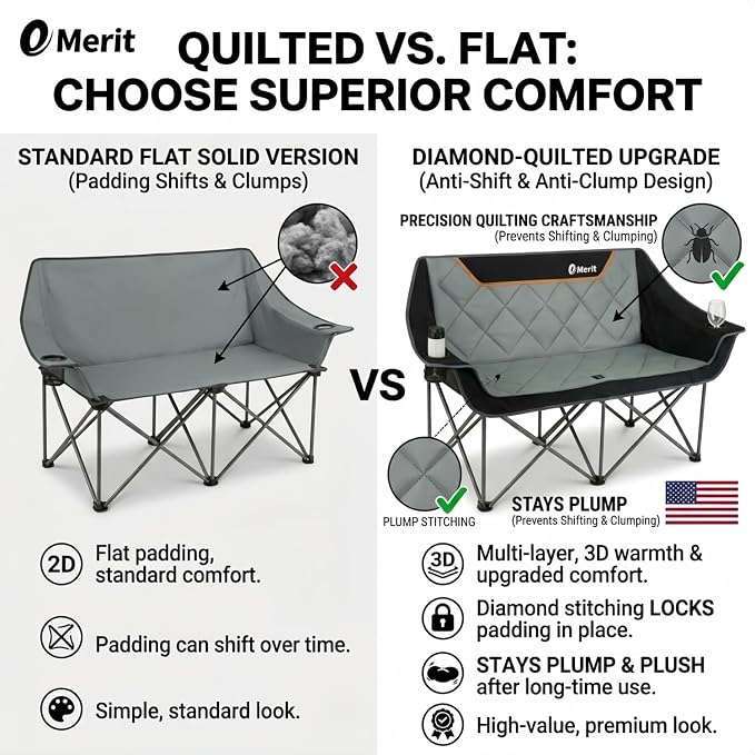 EMERIT Oversized Fully Padded Camping Chair, Heavy Duty 650LB Folding Camping Loveseat, Quad Fold Double Camping Couch with Cup Holders & Carry Bag for Outdoor, Lawn, Sports Events Black