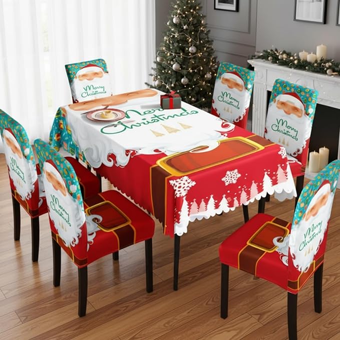 7 Pcs Christmas Tablecloth and Chair Covers Set Stretchable Washable Red Santa Holiday Table Cover and Seat Protector Slipcovers for Xmas Dining Room Kitchen Party(Rectangle,55 x 80 Inch)