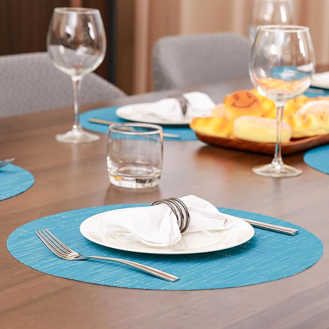 Round Placemats Set of 4 Heat Resistant Vinyl Placemats 15 inch Washable Non-Slip Table Mats Woven Place Mats for Dining Table (Blue, Set of 4)