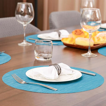 Round Placemats Set of 4 Heat Resistant Vinyl Placemats 15 inch Washable Non-Slip Table Mats Woven Place Mats for Dining Table (Blue, Set of 4)