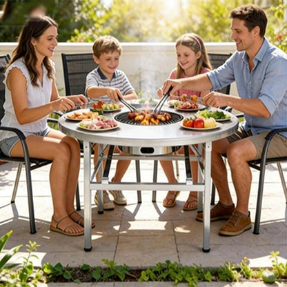 Embedded Stainless Steel Korean Charcoal BBQ Grill Foldable Outdoor Table, Outdoor Barbecue and hot Pot Easy Clean Multifunctional Design Patio Family Party & Restaurant,Circle 3.9ft