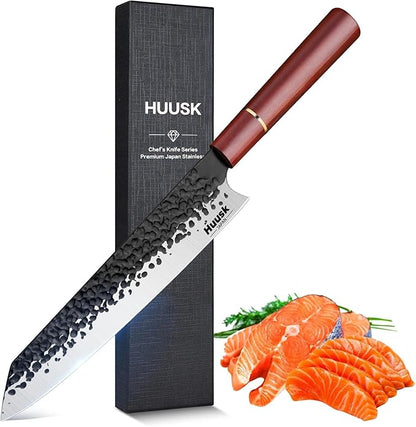 Huusk Japanese Kiritsuke Chef Knife - 8 Inch Kitchen Knives with Gift Box, Hand Forged High Carbon Steel Gyuto Knife, Ergonomic Wood Handle, Multipurpose Meat & Fish Cleaver, Ideal Cooking Gift