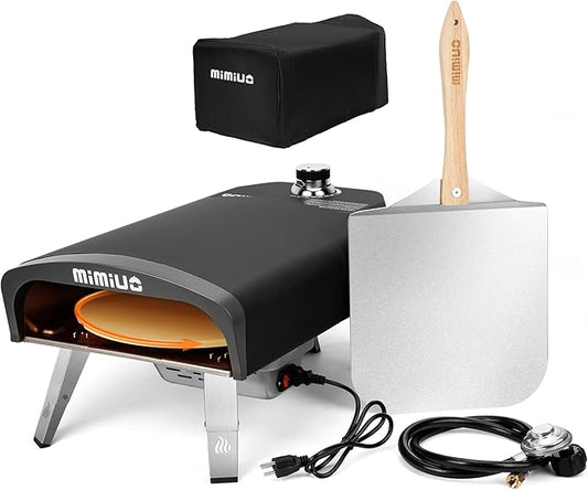 Mimiuo Outdoor Gas Pizza Oven with Automatic Rotating Stone - 39 lbs Heavy Duty Propane Pizza Stove 14 Inch for Backyard Camping, Bakes Pizza in 60 Seconds, Includes Pizza Stone, Peel & Cover
