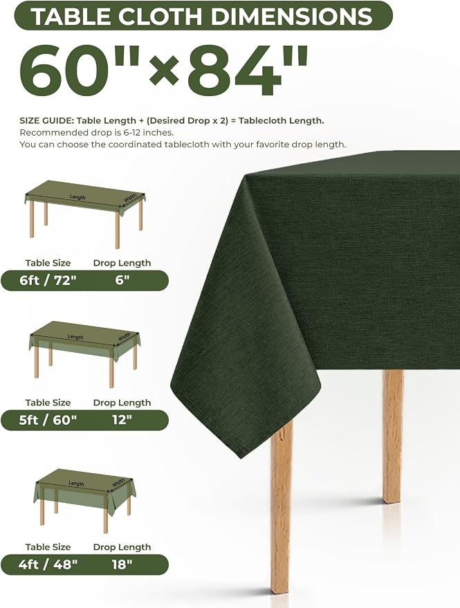 Decorelia Faux Linen Farmhouse Table Cloth 60"x84" for 4-6 ft Rectangle Table, Dark Green Waterproof Outdoor Washable Tablecloth for Rectangular Dining Room Kitchen Outdoor Party Restaurant Decor