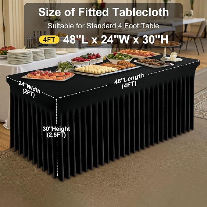 Smiry 2 Pack Spandex Elastic Fitted Table Cloth Skirt for 4FT Table | Stretch Washable Table Cloth, Banquet Table Cover for Wedding, Party, Indoor & Trade Shows, (Black, 48Lx24Wx30H)
