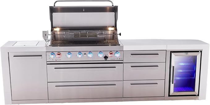 Mont Alpi Deluxe 119"W x 23"D x 46"H Stainless Steel Outdoor Kitchen Island with Refrigerator + 44"W 6-Burner BBQ Grill + Granite Countertops & Sides + Storage Cabinets + Drawers + Rotisserie + Cover