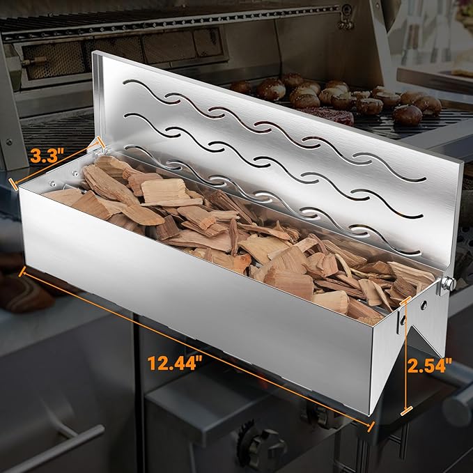Skyflame Wood Chip Smoker Box, Stainless Steel Double V-shape BBQ Smoke Box with Hinged Lid for Charcoal & Propane Gas Grill, 12.5"(L) x 3.3"(W) x 2.5"(H), U.S. Design Patent