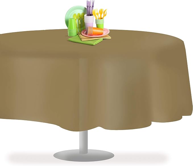 Grandipity 12 Pack Premium Disposable Plastic Tablecloth 84" Inch Decorative Round Table Cover - Gold
