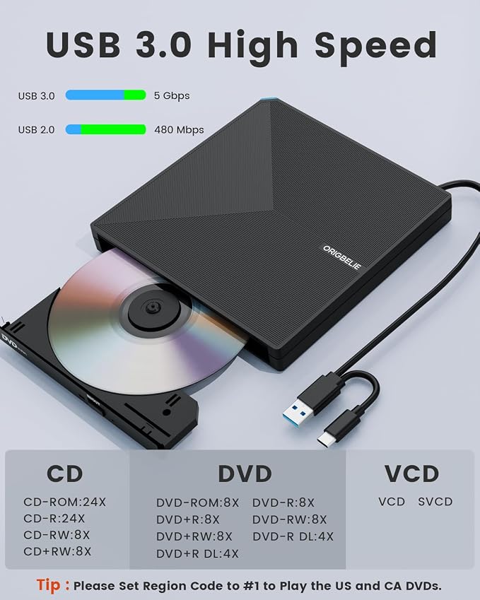 ORIGBELIE External CD DVD Drive, Portable USB C & A USB 3.0 DVD +/-RW Player Burner Reader Writer Optical CD ROM Disc Drive for MacBook Laptop iMac Desktop PC Windows 11/10/8/7/XP Linux Mac OS