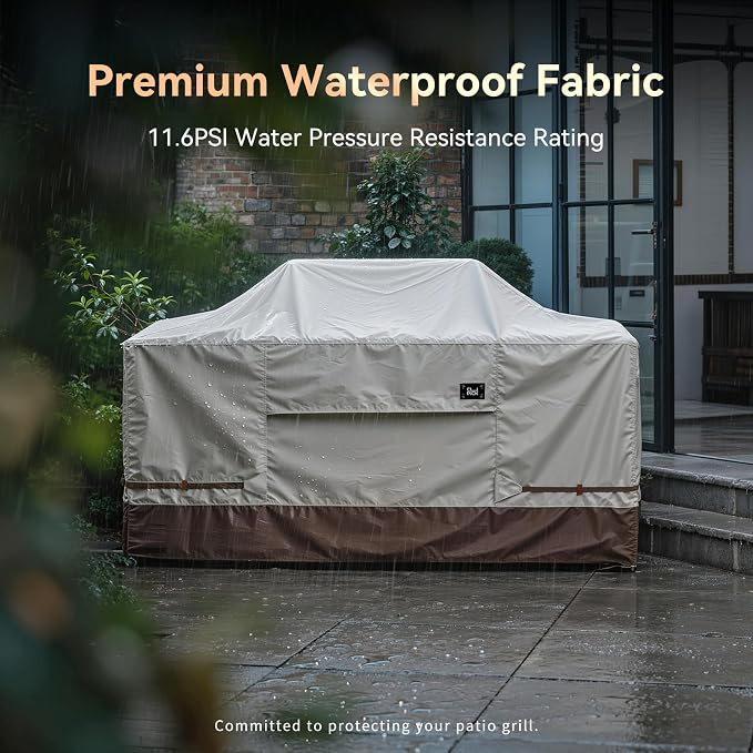 600D Heavy Duty Waterproof Extra Large Grill Cover, Fits for 86 Inch Island with Center Grill Head, Tear & Fade Resistant Outdoor Kitchen Cover with Buckle, Drawstring, Air Vent, Beige & Brown