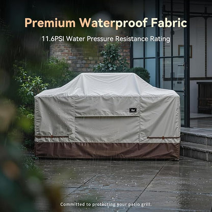 600D Heavy Duty Waterproof Extra Large Grill Cover, Fits for 86 Inch Island with Center Grill Head, Tear & Fade Resistant Outdoor Kitchen Cover with Buckle, Drawstring, Air Vent, Beige & Brown