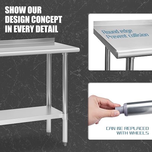 Hally Stainless Steel Table 18 x 48 in, Kitchen Prep Work Table, Backsplash | Expands room for chopping, plating and appliance setup; lower shelf holds supplies close, while rear rim limits splashes too.