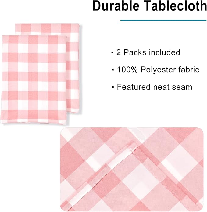 Hiasan Plaid Tablecloth Waterproof, 2 Pack, 60 x 102 inch - Checkered Table Cloth Rectangle for Dining Hall/Valentine's Day/Spring Party/Wedding/Outdoor Picnic, Peach Pink and White