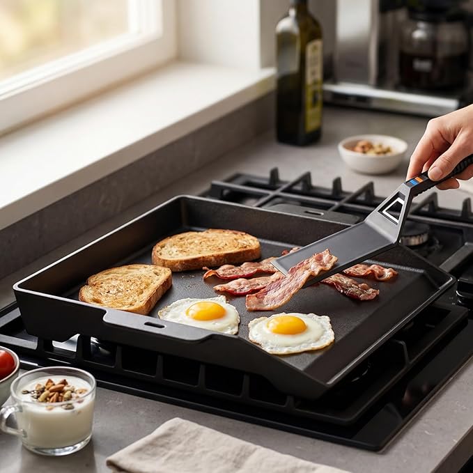 Utheer Griddle Kit, 17" x 13" Pre-Seasoned Cast Iron Flat Top Griddle with 5-Piece Scratch-Free Silicone Tools, Universal Grill Griddle for Gas Grill & Stove Top, BBQ, Camping and Cooking