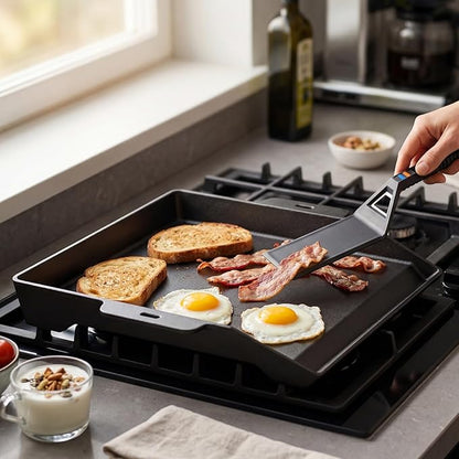 Utheer Griddle Kit, 17" x 13" Pre-Seasoned Cast Iron Flat Top Griddle with 5-Piece Scratch-Free Silicone Tools, Universal Grill Griddle for Gas Grill & Stove Top, BBQ, Camping and Cooking