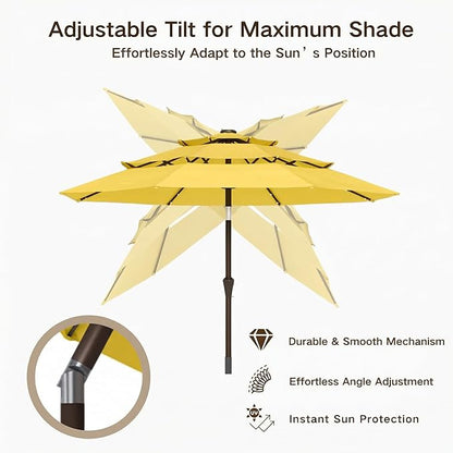 Kingdura 10ft 3-Tier Patio Umbrella with Solar Lights, Table Umbrella Outdoor Patio with Easy Crank & Tilt, 8 Sturdy Ribs, UV Protection, 32 LED Lights for Deck, Poolside, Market (Yellow)
