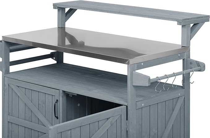 Outdoor Kitchen Island with Raised Shelf, Storage Cabinet with Stainless Steel Top,Outdoor Rolling Grill Cart with Internal Storage Rack, Adjustable Shelf,Spice Rack (Grey+Blue-@Outdoor cart)