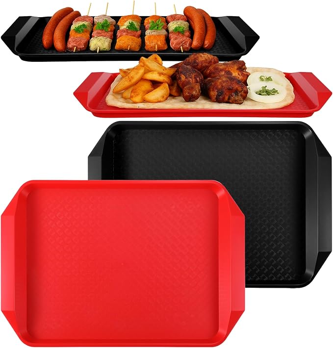 4 Pcs Grilling Prep and Serve Trays, 17x12 Inch BBQ Plastic Nesting Trays for Raw and Cooked Food, Dishwasher Safe Marinating and Serving Platters, Black and Red