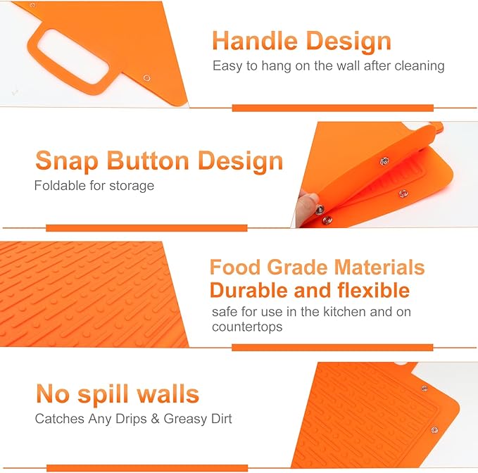 Portable Silicone Grill Mat, Heat Resistant Grill Side Shelf Mats for Food, Foldable Griddle Tools Mat with Drip Pad & Snap Buttons, Non Slip Griddle Accessories Storage Bag for Outdoor Cooking