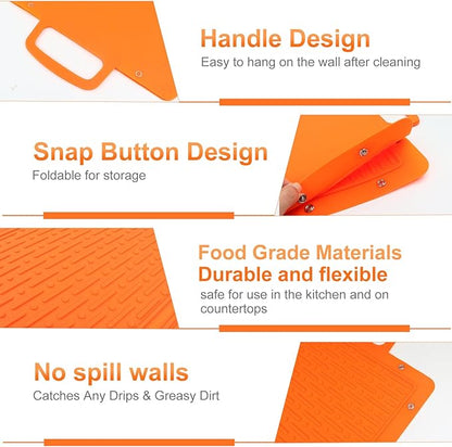 Portable Silicone Grill Mat, Heat Resistant Grill Side Shelf Mats for Food, Foldable Griddle Tools Mat with Drip Pad & Snap Buttons, Non Slip Griddle Accessories Storage Bag for Outdoor Cooking