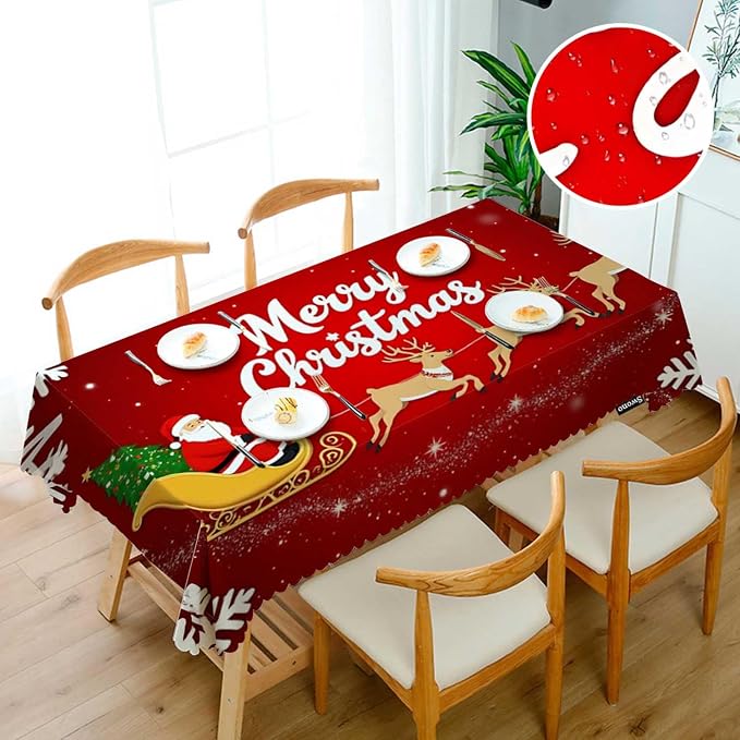 Swono Santa Claus 52"X70" Oblong Table Cloth Christmas Santa On Sleigh Snowflakes Wrinkle Free Table Cover Farmhouse Tablecloth for Home Restaurant Picnic Indoor Outdoor Dining, Red