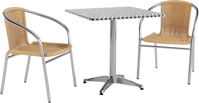 Flash Furniture 27.5'' Square Aluminum Indoor-Outdoor Table Set with 2 Beige Rattan Chairs | Indoor/Outdoor Use, Beige Rattan Chairs