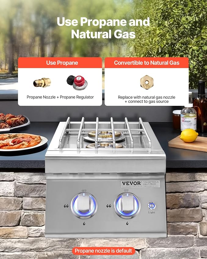 VEVOR Double Grilling Side Burners, 2 x 17,000BTU Liquid Propane Side Burner for Outdoor Kitchen, Convertible to Natural Gas, 304 Stainless Steel Built-in Double Burners with LED for BBQ Grill Island
