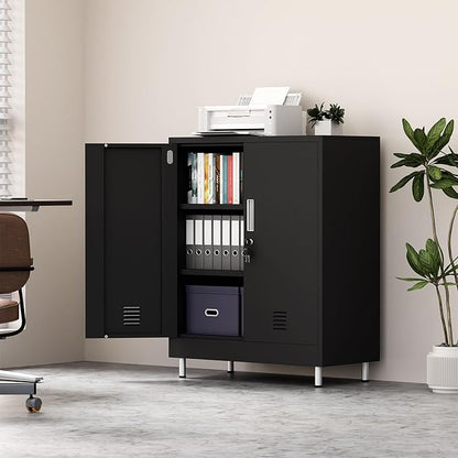 JINGUR Metal Storage Cabinet with Locking Doors and 2 Adjustable Shelves, Lockable Storage Cabinet for Home Office Garage Pantry Living Room (Black)