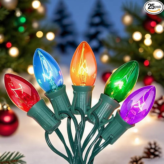C7 Multicolor Christmas Lights Outdoor, 25FT Vintage String Lights with 27 Clear Colorful Bulbs for Patio, Garden, Porch Decor, Waterproof Connectable, Classic Incandescent Glow