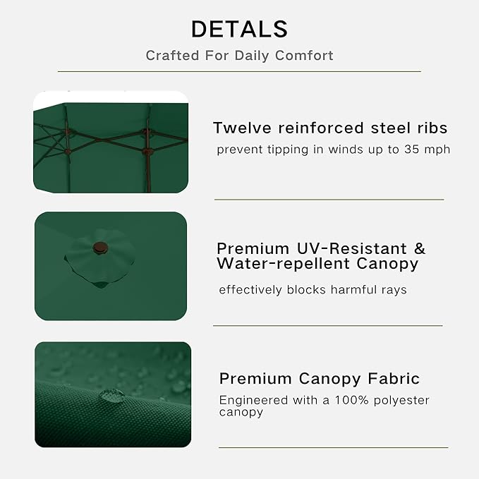 Kingdura 13ft Large Patio Umbrella with Base Included, Double-Sided Rectangle Outdoor Table Umbrella with 12 Reinforced Ribs, Crank Lift for Market Pool Deck Backyard, Dark green