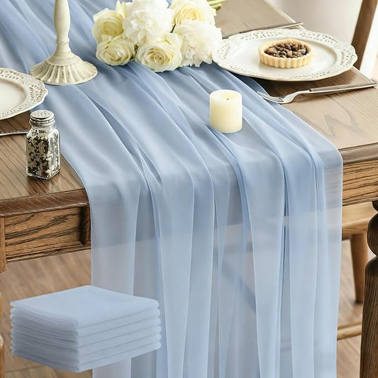Dusty Blue Glitter Chiffon Table Runner 35x120 Inches 6 Pack for Outdoor Patio BBQ Home Dining Table Decor