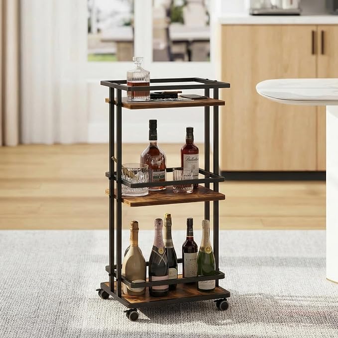 3-Tier Bar Cart with Wheels & Storage Shelves for Home Kitchen | Beverage Serving Cart, Doubles as Coffee Bar Cabinet, Sturdy 3-Tier Frame, Smooth Rolling Wheels, Ideal for Home