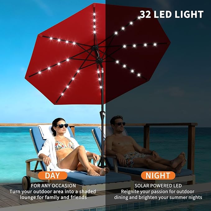 Garvee 9FT Solar Patio Umbrella with 32 LED Lights - Outdoor Table Umbrella with Crank Lift, Push Button Tilt and 8 Sturdy Ribs - Market Umbrella UV Protection for Pool, Deck, Yard, Garden -Red