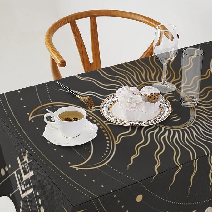 Vintage Sun Tablecloth Boho Celestial Star Magical Galaxy Space Moon Phases Table Cloth Water Resistant Wipeable Table Cover for Farmhouse Picnic Party Holiday Kitchen Dinner Table 55"x55"