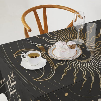 Vintage Sun Tablecloth Boho Celestial Star Magical Galaxy Space Moon Phases Table Cloth Water Resistant Wipeable Table Cover for Farmhouse Picnic Party Holiday Kitchen Dinner Table 55"x55"