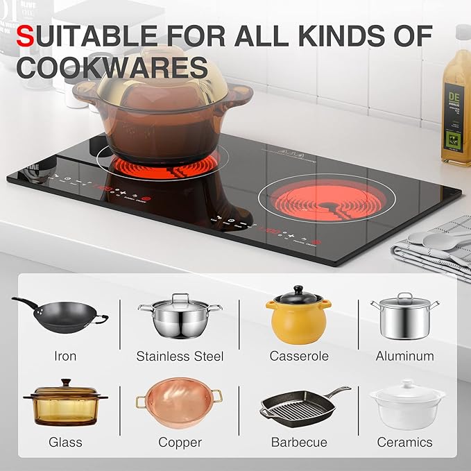 4000w Electric Cooktop, 24" Electric Stove 2 Burner Hot Plate Built-in Double Burner Cooktop with LED Touch Screen,9 Heating 9 Temperature,Kids Lock & Timer,Suitable for all Pans