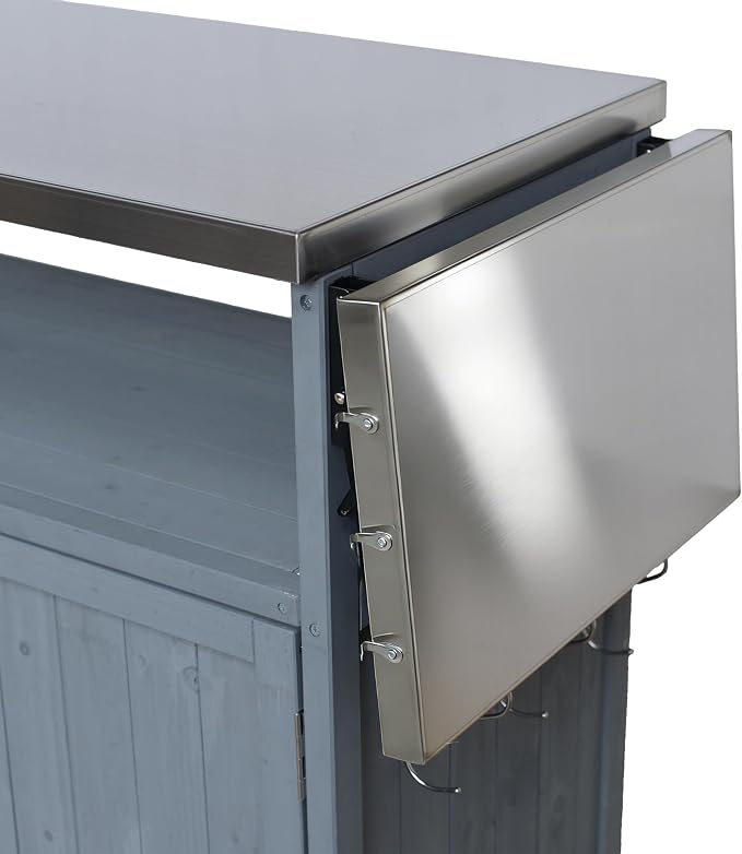Christopher Knight Home Edsel Outdoor Bar Cart with Stainless Steel Top and Lockable Wheels, Solid Wood Outdoor Storage Cabinet, Kitchen Island Serving Cart for Poolside, Garden, Blue Gray