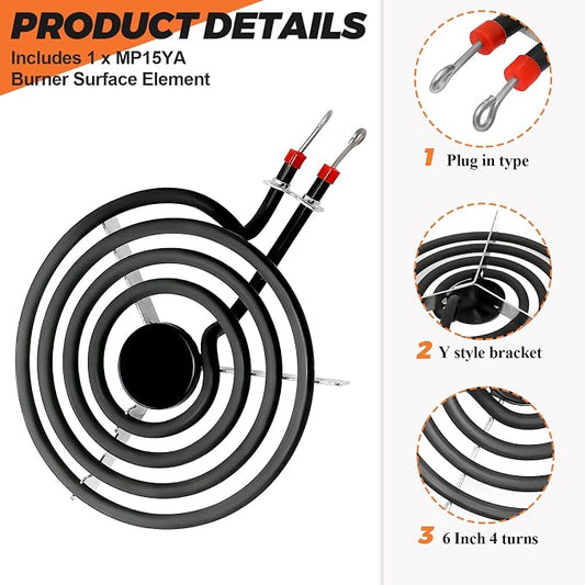 【Upgraded】660532 MP15YA Electric Range Burner Element 6 inch 1500W 4 Turns surface element fit for Whirlpool Kenmore ranges replacement burners wfc310s0ak, rf110axsq3, kf330add1,ffef3011lwd,etc.