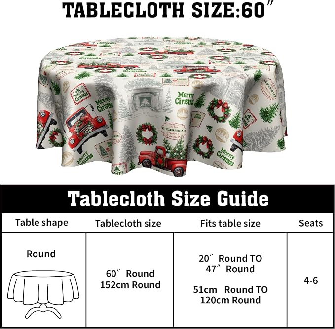 Xmas Red Truck Table Cloth Round Newbridge Green Xmas Pine Hill Tree Tablecloth 60 Inch Decor Washable Stain and Wrinkle Resistant Winter Round Table Cover for Dining Picnic