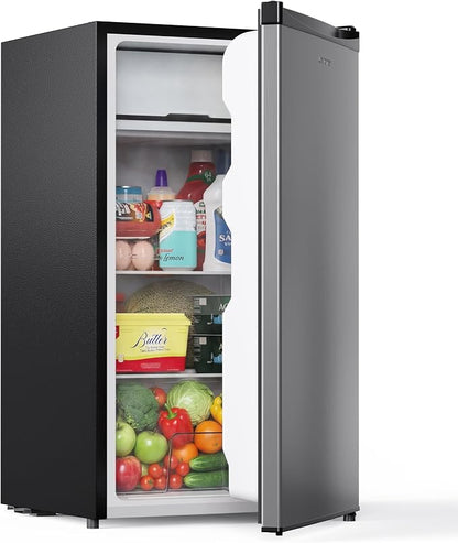 Upstreman 3.2 Cu.Ft Mini Fridge with Freezer, Stainless Steel-SR321 | Adjustable Thermostat, Energy Saving, Low Noise, Reversible Door, Small Refrigerator for Dorm, Bedroom, Office