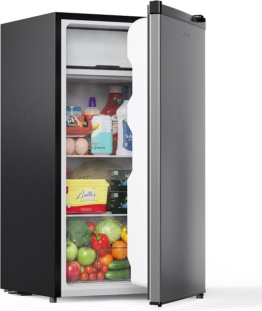 Upstreman 3.2 Cu.Ft Mini Fridge with Freezer, Stainless Steel-SR321 | Adjustable Thermostat, Energy Saving, Low Noise, Reversible Door, Small Refrigerator for Dorm, Bedroom, Office