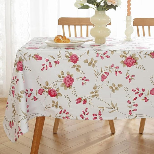 Spring Summer Vinyl Tablecloth with Flannel Backing Rectangle 60 x 84 Inch | Waterproof & Wipe Clean Thick Plastic Table Cloth, Floral Table Cover for Dining, Party, Picnic, Outdoor, Rose