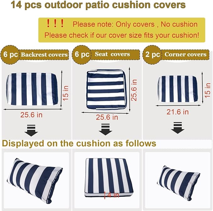 14 Piece Outdoor Patio Cushion Cover Replacement, Waterproof Patio Cushion Covers, Outdoor Furniture Cushion Covers Set for 6 Seat Wicker Rattan Sofa (Blue+White Stripe)