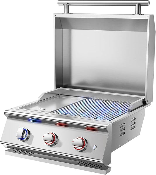 Livory 26 Inch BBQ Head Griddle Grill Combo for Outdoor Kitchen, Natural Gas Built-in Grills for Barbecue Island, 3-Burner, 3 * 14,000 BTU, Premium 304 Stainless Steel, Convertible to Liquid Propane