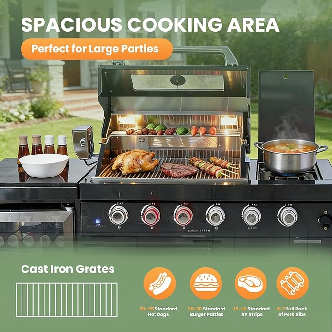 Outdoor Natural Gas Grill Island with Side Burner,Refrigerator,4-Burner 72,000 BTU BBQ Grill,Infrared Rotisserie, Granite Countertop,Outdoor Kitchen Grill.(Black+65 in)