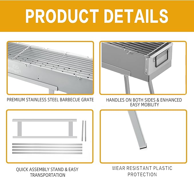 WILLBBQ Charcoal Grill Tailgate Parties, Patio, Beach Barbecues, Backyard Gatherings,Alloy Steel BBQ Barbecue Outdoor Grilling with Durable Support Frame and Dual Adjustable Vents (39.4x10.3x5.1 inch)