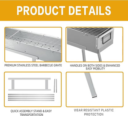 WILLBBQ Charcoal Grill for Tailgate Patio Beach Backyard, Alloy Steel BBQ Barbecue Outdoor Grilling with Durable Support Frame and Dual Adjustable Vents (31.6x7.1x5.1 inch With Accessories)
